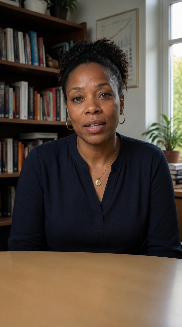 Dr. Amara Osei explaining economics from her university office